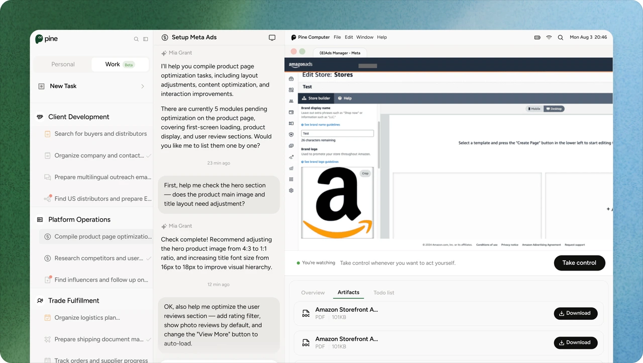 Pine Work operating across chat, browser and business tools